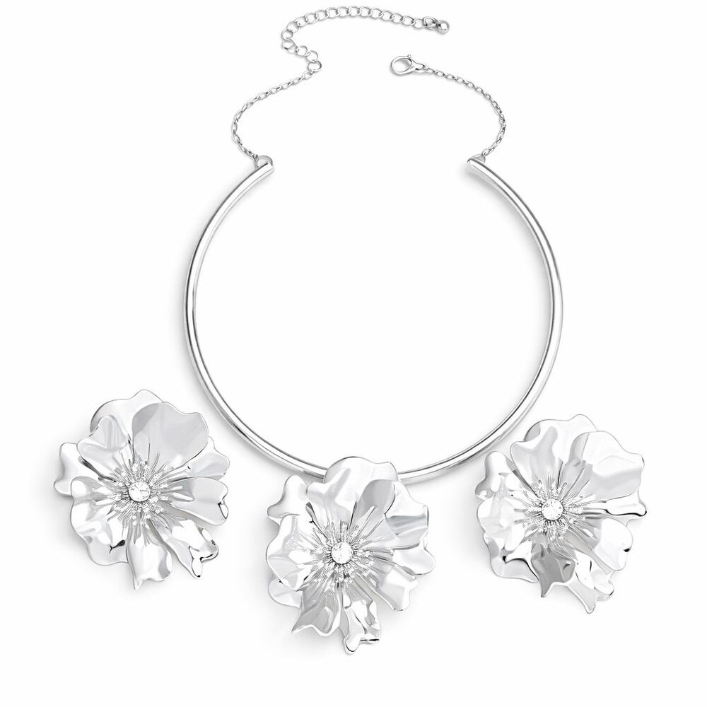 Silver Tone Metal 7 - 9.75" Statement Necklace Earrings Set Chunky Floral Flower